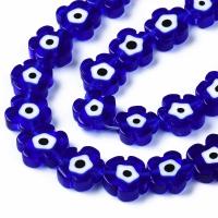 Бусины миллефиори, 9х3-12х5мм, плоские цветочки, синие с белым и чёрным, 18 шт., низка