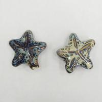 Бусина керамическая, 38х36х15мм, морская звезда, светло-бежевая с сине-голубым и коричневым, 1 шт.