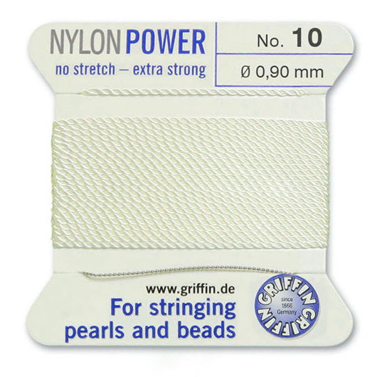 Нить нейлоновая, Griffin Nylon Power No.10 (0.9мм), белая, с иглой, моток, 2 метра <p>
Толстая и прочная нить Nylon Power из высококачественного нейлона, очень крепкая, не растягивается. Произведена компанией Griffin (Германия). К нити прикреплена проволочная иголочка. Идеально подходит для использования с жемчугом и натуральными камнями. Толщина около 0,9 мм. Оттенок может отличаться от фотографии и в разных поставках. Намотка может состоять из нескольких частей. Цена за моток 2 метра.
</p>