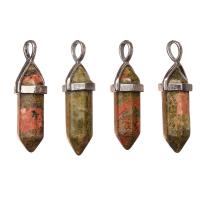 Подвеска каменная, 40х13х11мм, в форме кристалла, базовый материал - камень, унакит с держателем стального цвета, 1 шт., УЦЕНКА