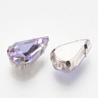 Страз стеклянный в оправе, 13х8мм, пришивной, форма удлиненная капля, сиреневый, оправа стального цвета, 5 грамм
