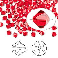 Бусина Swarovski, 4мм, Биконус (#5328), алый (цвет 227), 10 шт.