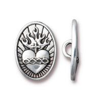 Пуговица, 19х13.5х5мм, TierraCast, на ножке, Святейшее Сердце, базовый материал - оловянный сплав, посеребрённая с чернением, 1 шт.