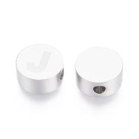 Бусина металлическая, 10х5мм, плоский круг с буквой J, базовый материал - нержавеющая сталь, без покрытия, с гравировкой, 1 шт.