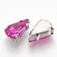 Страз стеклянный в оправе, 13х8мм, пришивной, форма удлиненная капля, ярко-розовый, оправа стального цвета, 5 грамм