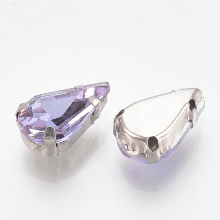 Страз стеклянный в оправе, 13х8мм, пришивной, форма удлиненная капля, сиреневый, оправа стального цвета, 5 грамм