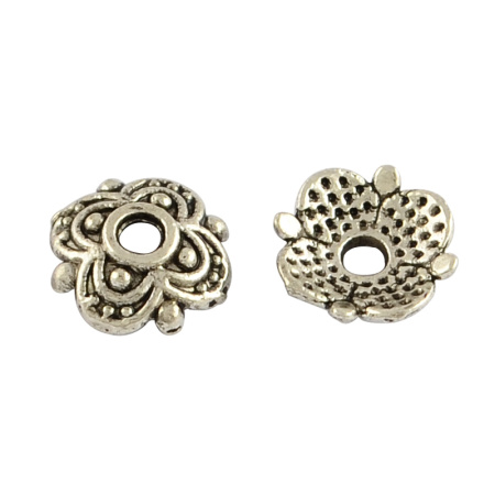 Шапочка для бусин (обниматель), 8х2.5мм, цветочек с четырьмя лепестками, базовый материал - цинковый сплав, стиль тибетское серебро, 5 грамм