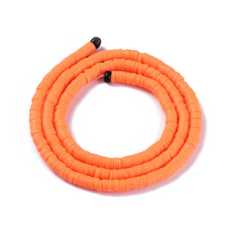 <p>Плоские круглые бусины - чипсы (диски, рондели heishi) ручной работы из полимерной глины (пластики). Бусины могут немного отличаться по форме и размеру. Оттенок может отличаться от фотографии. Бусины довольно мягкие, гибкие, напоминают каучук. Цвет: ярко-оранжевый. Цена за низку длиной около 43 см, около 350-400 бусин.</p>