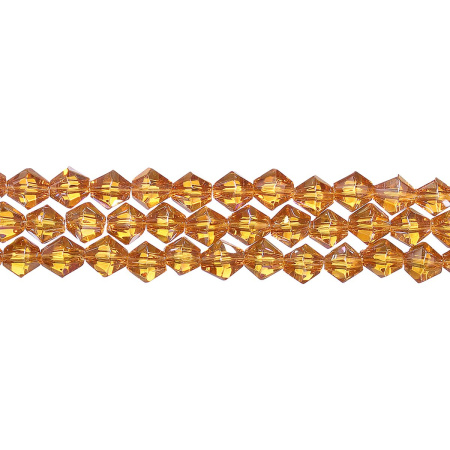 Бусины стеклянные, 6мм, граненые, биконусы, янтарные с радужным покрытием, 50 шт., низка