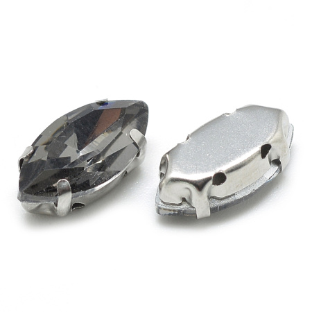 Стразы стеклянные в оправе, 12х6мм, пришивной, форма челнок, серый, оправа стального цвета, 5 грамм