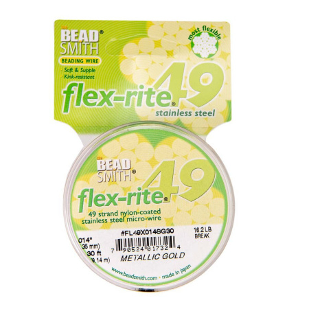 <p>Профессиональный ювелирный тросик Flex-Rite с нейлоновым покрытием. 49-жильный тросик премиум-класса. Цвет золотой, матовый. Оттенок может немного отличаться от фотографии и в разных поставках. Цена за катушку 30 футов (9.1 метра).</p>