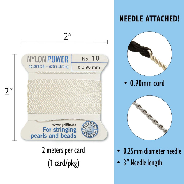 Нить нейлоновая, Griffin Nylon Power No.10 (0.9мм), белая, с иглой, моток, 2 метра <p>
Толстая и прочная нить Nylon Power из высококачественного нейлона, очень крепкая, не растягивается. Произведена компанией Griffin (Германия). К нити прикреплена проволочная иголочка. Идеально подходит для использования с жемчугом и натуральными камнями. Толщина около 0,9 мм. Оттенок может отличаться от фотографии и в разных поставках. Намотка может состоять из нескольких частей. Цена за моток 2 метра.
</p>