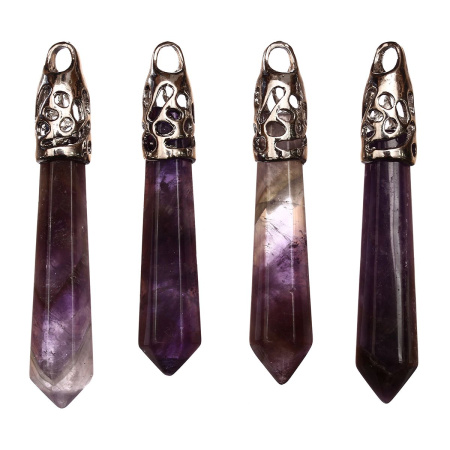 Подвеска каменная, 65х13мм, в форме кристалла, базовый материал - камень, аметист с резным держателем стального цвета, 1 шт.