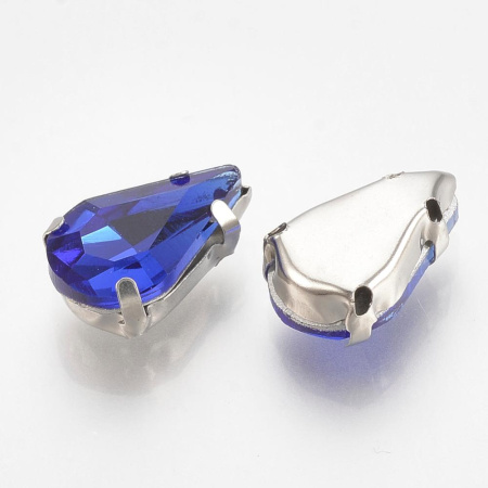 Стразы стеклянные в оправе, 13х8мм, пришивной, форма удлиненная капля, синий, оправа стального цвета, 5 грамм