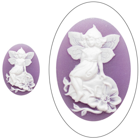 Камея акриловая, 25х18мм, феечка на листике, белая на фиолетовом, 1 шт.