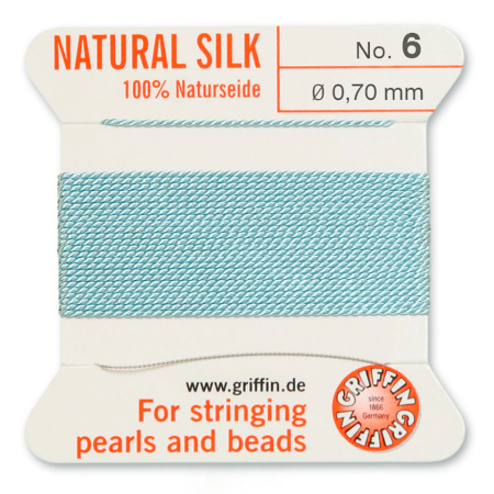 <p>Прочная нить из высококачественного натурального 100% шелка, произведена компанией Griffin (Германия). К нити прикреплена проволочная иголочка. Идеально подходит для использования с жемчугом и натуральными камнями. Цвет бирюзово-голубой (turquoise). Оттенок может немного отличаться от фотографии. Толщина около 0,7 мм. Цена за моток 2 метра.</p>