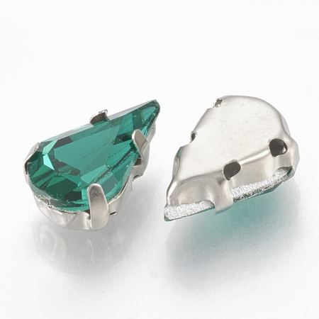 Стразы стеклянные в оправе, 13х8мм, пришивной, форма удлиненная капля, изумрудный, оправа стального цвета, 5 грамм