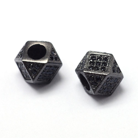 Бусина металлическая, 7х7мм, Milano, Многогранник, с крупным отверстием, с черными фианитами, базовый материал - латунь, вороненая сталь, 1 шт.