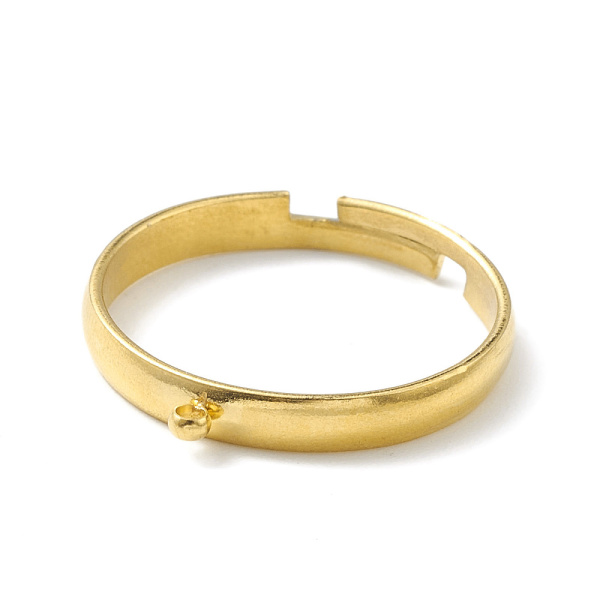 <p>Основа для кольца с одной петелькой для декорирования. Ширина кольца 3 мм, внешний диаметр петельки 2.5 мм. Размер кольца в сдвинутом состоянии - 18 мм. Кольцо разъемное, размер регулируется. Базовый материал - нержавеющая сталь марки 304, сверху покрытие золотистого цвета. Оттенок может отличаться от фотографии и в разных поставках. На кольце возможны небольшие пятнышки, царапинки. Цена за 2 шт.</p>