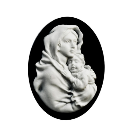 Камея акриловая, 40х30мм, дева Мария с младенцем, белая на черном, 1 шт., УЦЕНКА