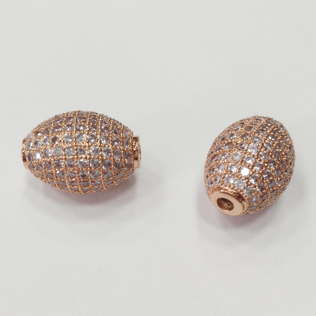 Бусина металлическая, 16х12мм, Milano, Овальная с фианитами, базовый материал - латунь, под розовое золото, 1 шт.