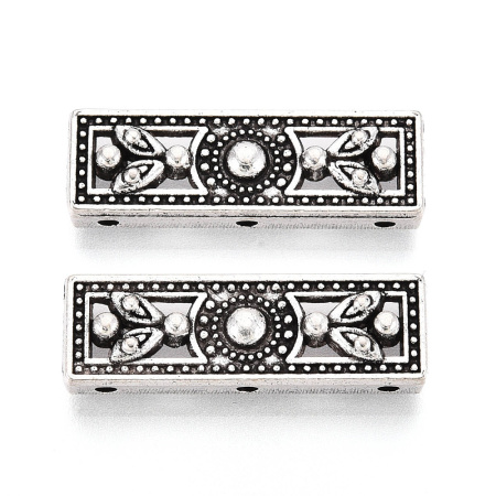 <p>
Разделитель-планка для многорядных браслетов или колье. На три отверстия, односторонний. Разделитель подходит для бусин до 10 мм включительно (расстояние между отверстиями составляет около 10 мм). Стиль "тибетское серебро". Оттенок может отличаться от фотографии и в разных поставках. Цена за 10 шт.
</p>