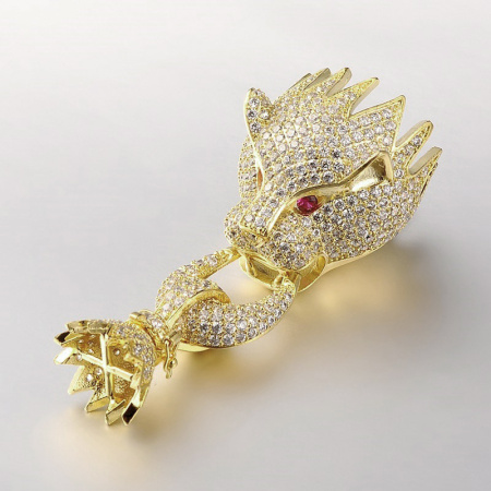 Застежка-концевик, 55х22мм (внутренний размер 19мм и 11мм), Milano, Пантера, защелкивающаяся, базовый материал - латунь, с кристально-прозрачными и тёмно-розовыми фианитами, под золото, 1 шт.