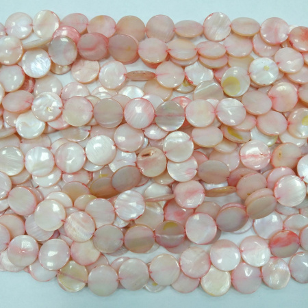 Бусина перламутр, 14х3мм, плоский круг, розовый, 26 шт., низка