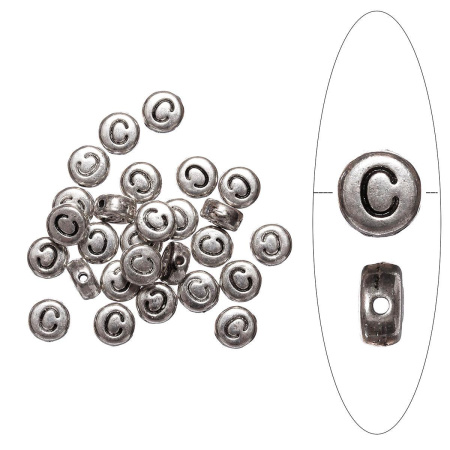 Бусина металлическая, 7х4мм, буква C, базовый материал - цинковый сплав, серебристая с чернением, 10 шт.