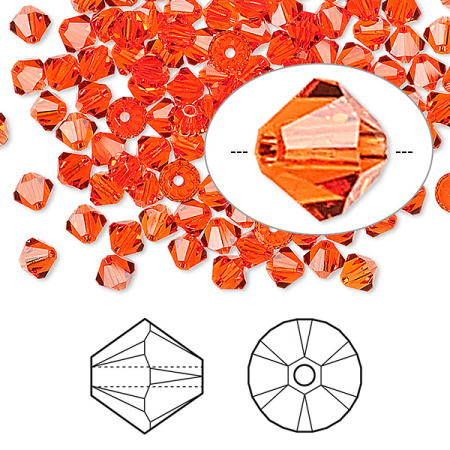 Бусина Swarovski, 4мм, Биконус (#5328), оранжево-красный (цвет 236), 10 шт.