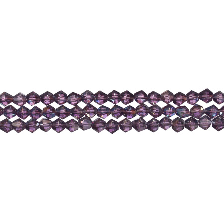 Бусины стеклянные, 4-5мм, граненые, биконусы, аметистовые с радужным покрытием, 78 шт., низка