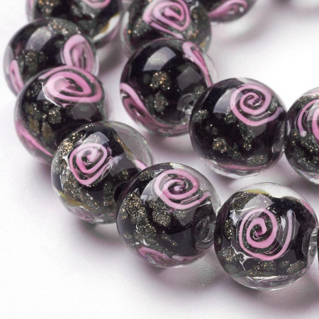 Бусина лэмпворк, 12мм, со спиральным узором, черная с розовым, 2 шт.