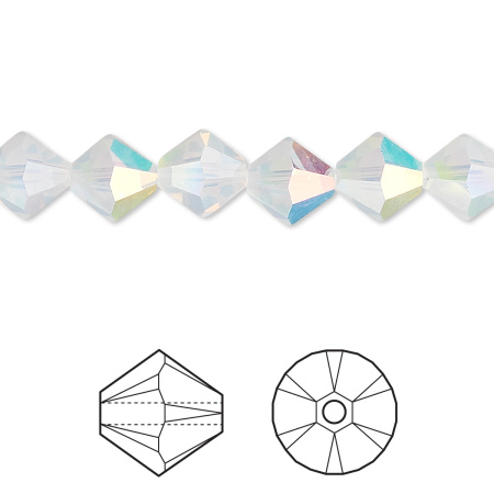 Бусина Swarovski, 8мм, Биконус (#5328), белый опал с AB (цвет 234AB), 1 шт.