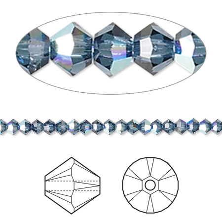 Бусина Swarovski, 3мм, Биконус (#5328), серо-синий с AB (цвет 207AB), 10 шт.