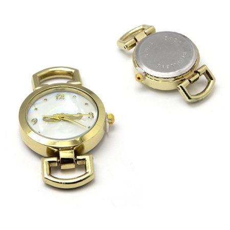 Часы кварцевые, 33х27х9мм, с перламутровым циферблатом и усами, базовый материал - оловянный сплав, золотистого цвета, круглые, 1 шт., УЦЕНКА