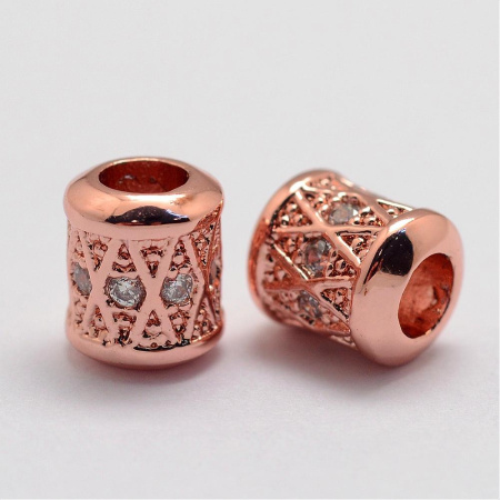 Бусина металлическая, 7.5х6.5мм, Milano, Цилиндр с геометрическим узором, с фианитами, базовый материал - латунь, под розовое золото, 1 шт.