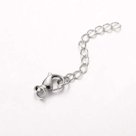 Застежка-карабин 15х9мм с удлиняющей цепочкой и соединительными колечками, базовый материал - нержавеющая сталь, без покрытия, 2 шт.