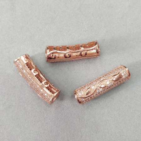 Бусина металлическая, 25х8х7мм, Milano, Трубочка с тюльпаном и резными завитками, с фианитами, базовый материал - латунь, под розовое золото, 1 шт.