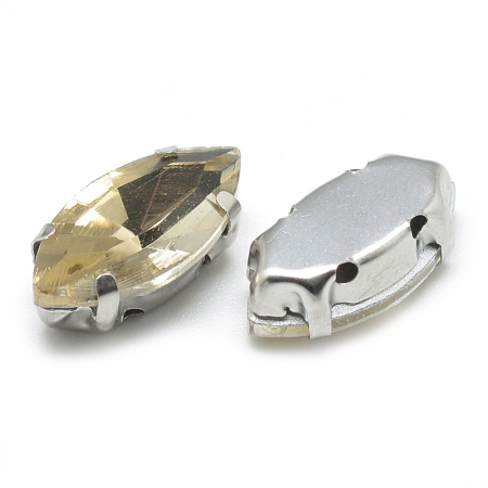 Стразы стеклянные в оправе, 12х6мм, пришивной, форма челнок, бледно-желтый, оправа стального цвета, 5 грамм