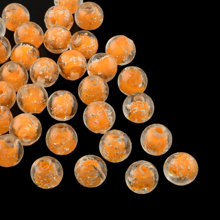 Бусина лэмпворк, 8мм, прозрачная с оранжевой сердцевиной и белыми крапинками, светящаяся в темноте, 10 шт.