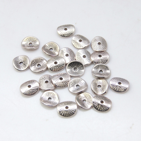 <p>Бусина в форме слегка изогнутого диска с насечками. Напоминает тыльную сторону грибной шляпки. Изготовлена из бижутерного сплава с покрытием стального цвета с чернением. Размер отверстия около 1.1 мм. Толщина металла - около 1 мм. Оттенок может отличаться от фотографии и в разных поставках. На покрытии возможны пятнышки. Цена за 10 грамм (около 27 штук, фасуются без проверки на дефекты).</p>