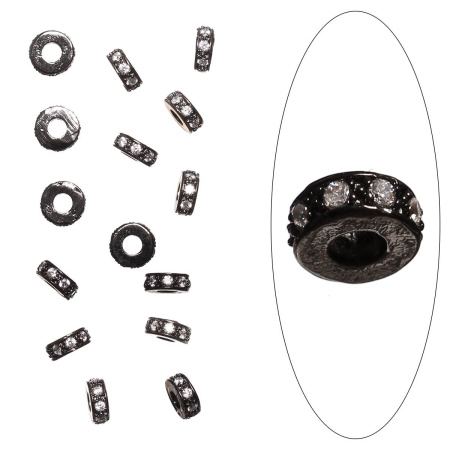 Бусина металлическая, 7х3мм, Milano, Рондель, с крупным отверстием, с кристально-прозрачными фианитами, базовый материал - латунь, вороненая сталь, 1 шт.