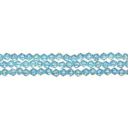 Бусины стеклянные, 4-5мм, граненые, биконусы, бирюзово-голубые с радужным покрытием, 78 шт., низка