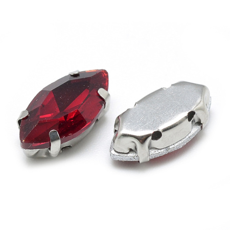 Стразы стеклянные в оправе, 12х6мм, пришивной, форма челнок, красный, оправа стального цвета, 5 грамм
