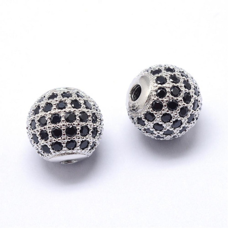 Бусина металлическая, 8мм, Milano, Шарик, с черными фианитами, базовый материал - латунь, под родий, 1 шт., УЦЕНКА