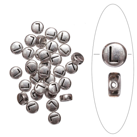 Бусина металлическая, 7х4мм, буква L, базовый материал - цинковый сплав, серебристая с чернением, 10 шт.