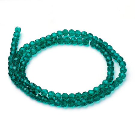 <p>Бюджетные бусины из стекла с довольно крупными гранями. Цвет морской волны. Оттенок может отличаться от фотографии и в разных поставках. Бусины могут немного отличаться по форме и размеру. Цена за 1 низку, около 90 бусин (низки формируются без проверки каждой бусины на дефекты).</p>