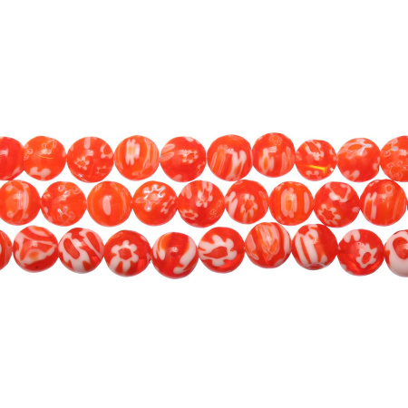 Бусины миллефиори, 8мм, оранжевые с белым, 45 шт., низка