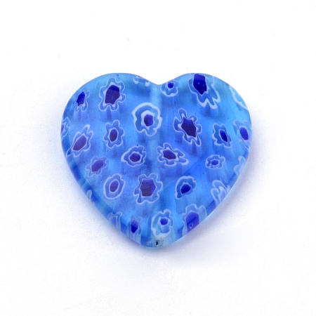 Бусина миллефиори, 25х24х5мм, сердечко, сине-голубое с бело-синими цветочками, 2 шт., УЦЕНКА