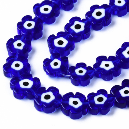 Бусины миллефиори, 9х3-12х5мм, плоские цветочки, синие с белым и чёрным, 18 шт., низка